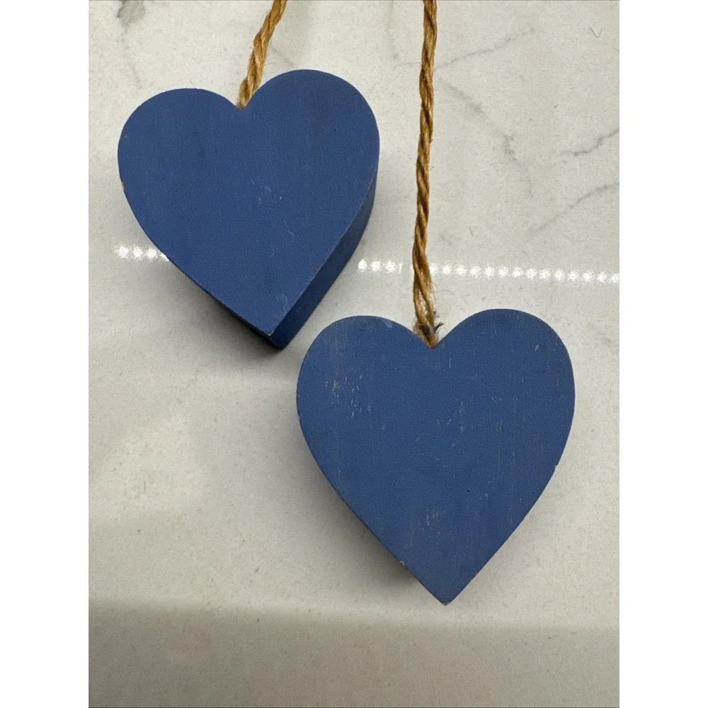 Rustic Farmhouse Hanging Blue Wooden Hearts Ornament Shabby Chic Country Decor